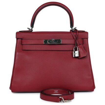 PRE-OWNED HERMÈS KELLY RETOURNE 28 ROUGE GRENAT EVERCOLOR PALLADIUM HARDWARE