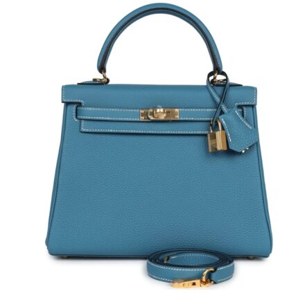 HERMÈS KELLY RETOURNE 25 BLUE JEAN TOGO GOLD HARDWARE