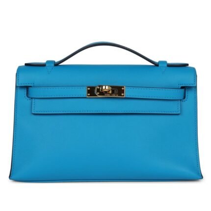 PRE-OWNED HERMÈS KELLY POCHETTE BLEU FRIDA SWIFT GOLD HARDWARE