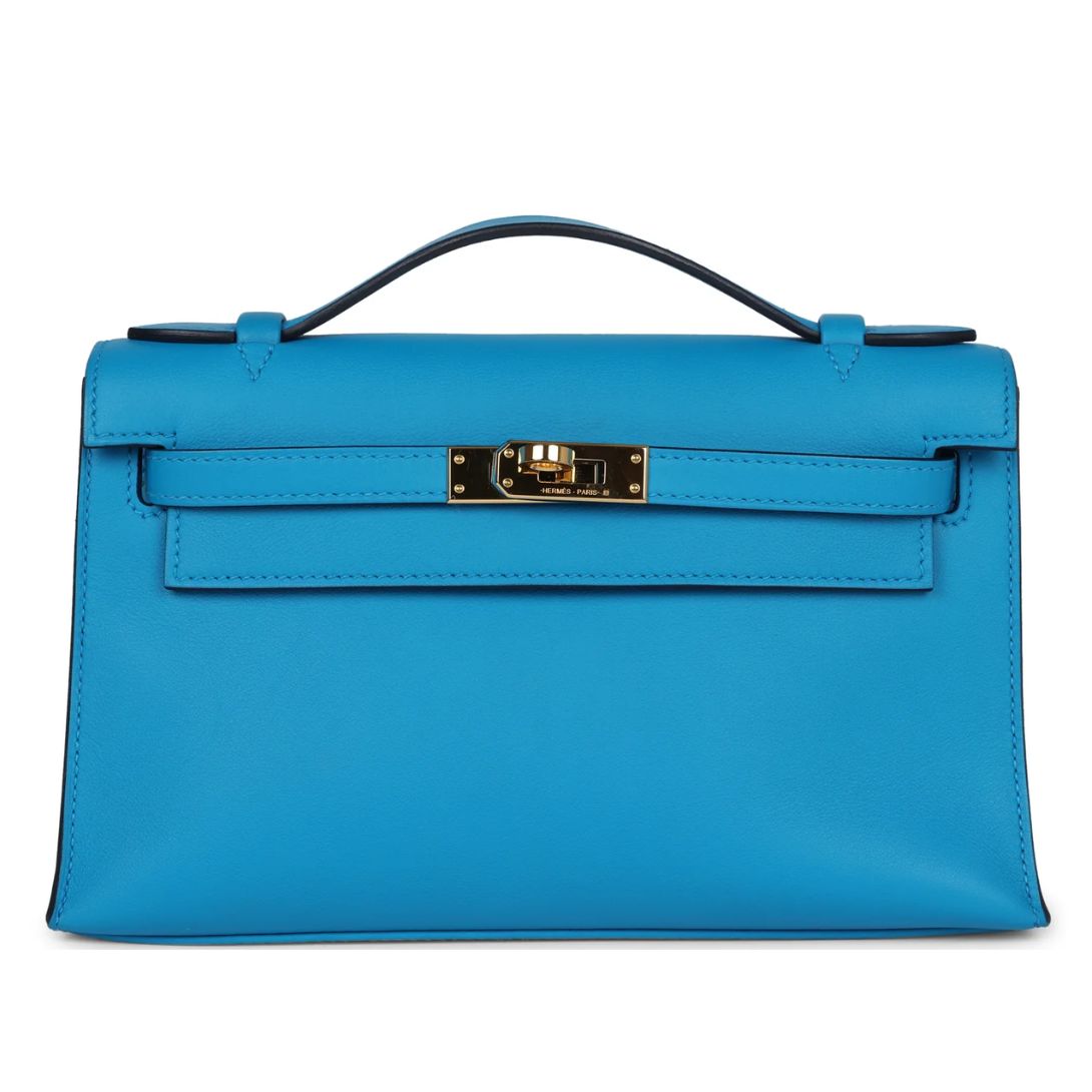 1 PRE-OWNED HERMÈS KELLY POCHETTE BLEU FRIDA SWIFT GOLD HARDWARE