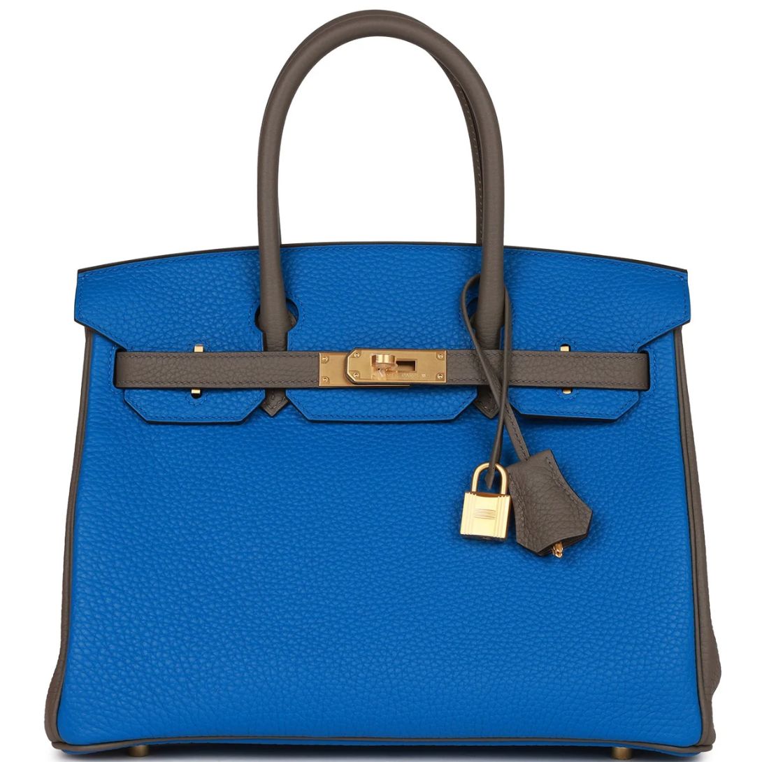1 HERMÈS SPECIAL ORDER (HSS) BIRKIN 30 BLEU ELECTRIC AND ETAIN CLEMENCE BRUSHED GOLD HARDWARE