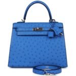 HERMÈS KELLY SELLIER 25 BLEUET OSTRICH PALLADIUM HARDWARE
