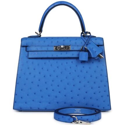 HERMÈS KELLY SELLIER 25 BLEUET OSTRICH PALLADIUM HARDWARE