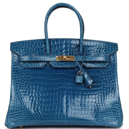 PRE-OWNED HERMÈS BIRKIN 35 BLEU MYKONOS SHINY POROSUS CROCODILE GOLD HARDWARE