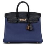 HERMÈS BIRKIN 25 BLEU SAPHIR TAURILLION NOVILLO AND BLEU MARINE MATTE ALLIGATOR TOUCH ROSE GOLD HARDWARE