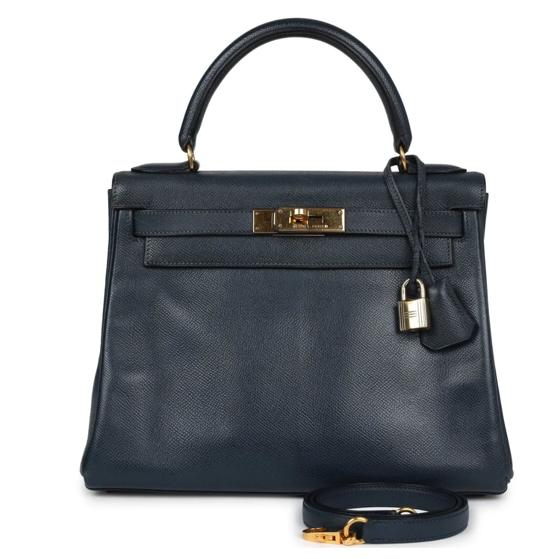 1 VINTAGE HERMÈS KELLY RETOURNE 28 BLEU MARINE COURCHEVEL GOLD HARDWARE