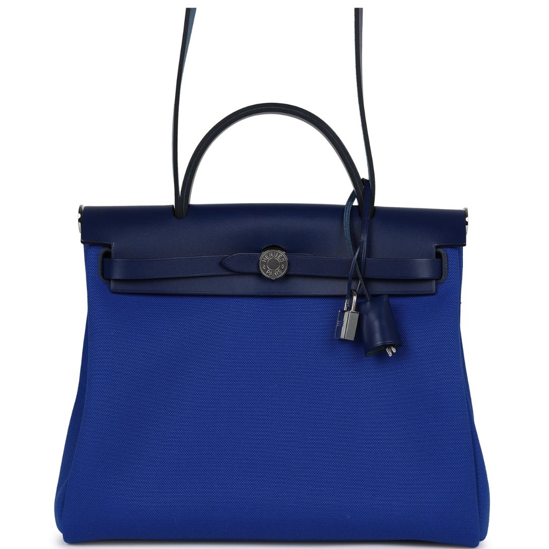 1 HERMÈS HERBAG ZIP PM 31 BLEU BILL TOILE MILITAIRE CANVAS AND BLEU SAPHIR VACHE HUNTER PALLADIUM HARDWARE
