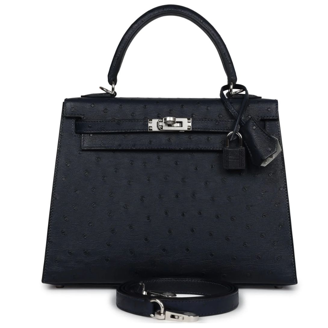 1 HERMÈS SPECIAL ORDER (HSS) KELLY SELLIER 25 BLEU INDIGO VERSO OSTRICH PALLADIUM HARDWARE