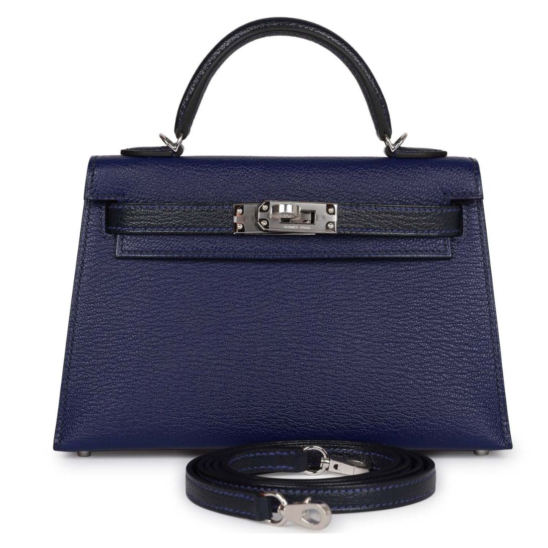 1 HERMÈS SPECIAL ORDER (HSS) KELLY SELLIER 20 BLEU ENCRE AND BLEU INDIGO CHEVRE MYSORE PALLADIUM HARDWARE