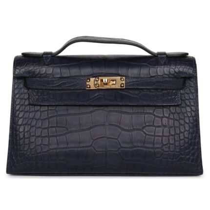 HERMÈS KELLY POCHETTE BLEU INDIGO MATTE ALLIGATOR GOLD HARDWARE
