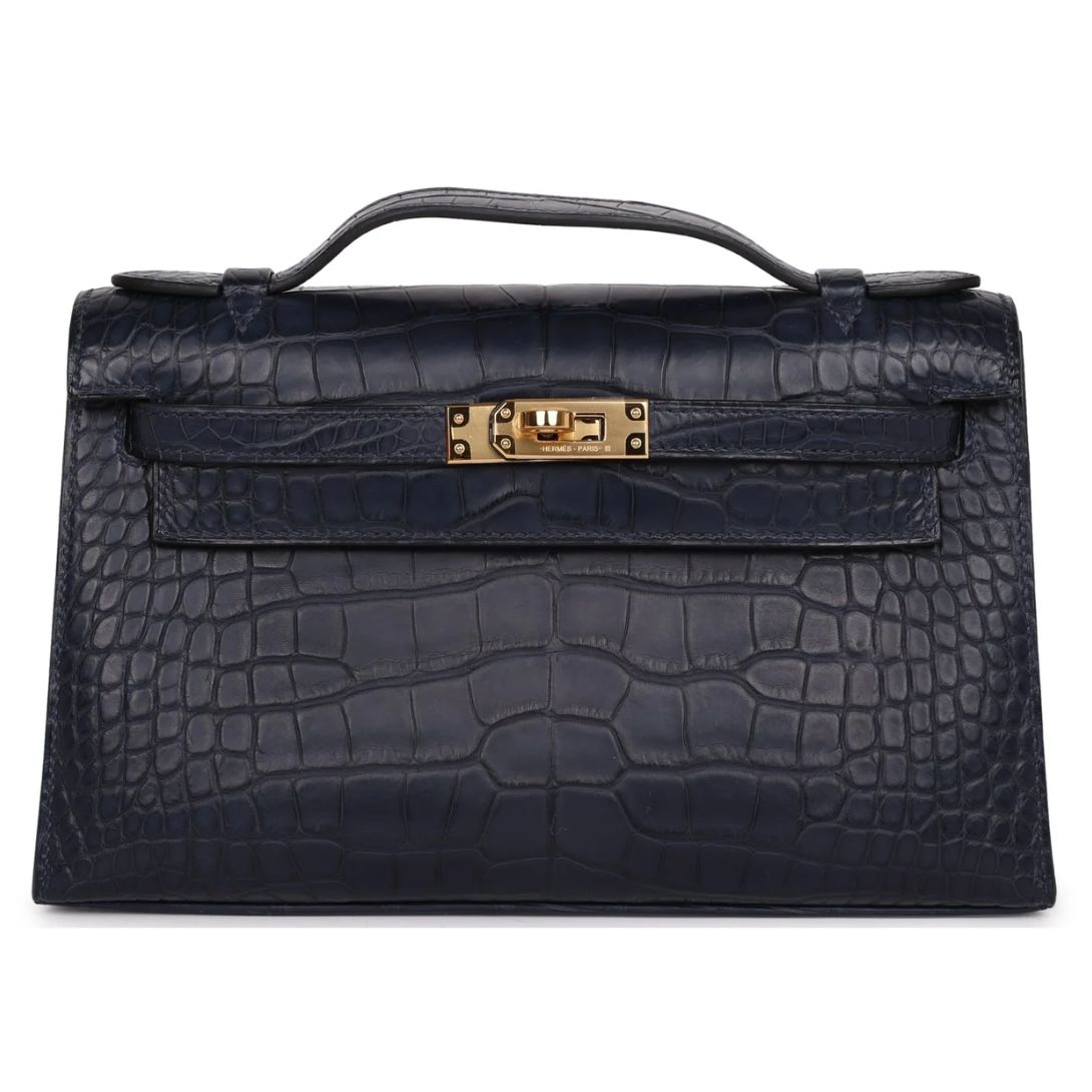 1 HERMÈS KELLY POCHETTE BLEU INDIGO MATTE ALLIGATOR GOLD HARDWARE