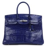 PRE-OWNED HERMÈS BIRKIN 35 BLEU ELECTRIC SHINY POROSUS CROCODILE PALLADIUM HARDWARE