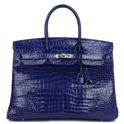 PRE-OWNED HERMÈS BIRKIN 35 BLEU ELECTRIC SHINY POROSUS CROCODILE PALLADIUM HARDWARE