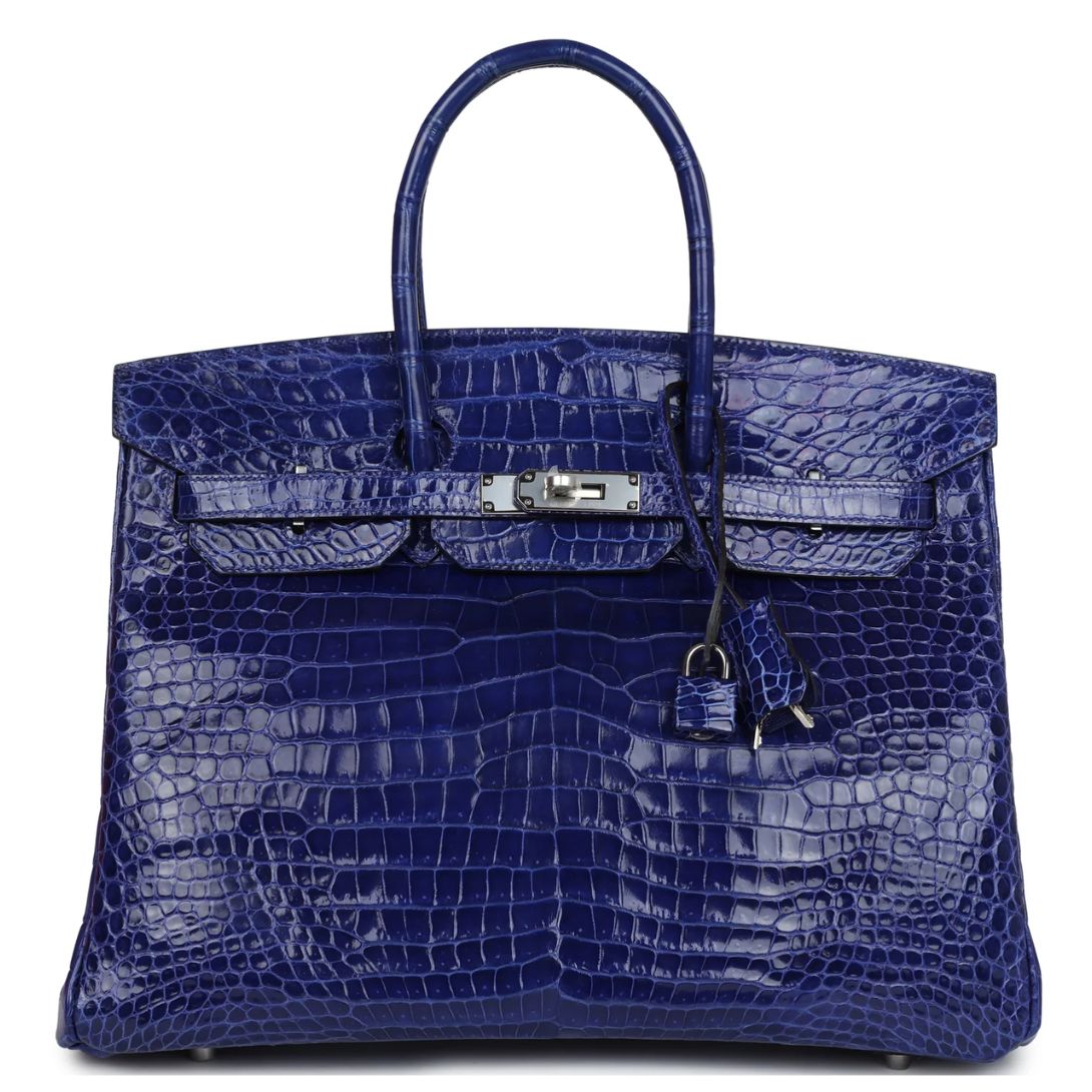 1 PRE-OWNED HERMÈS BIRKIN 35 BLEU ELECTRIC SHINY POROSUS CROCODILE PALLADIUM HARDWARE