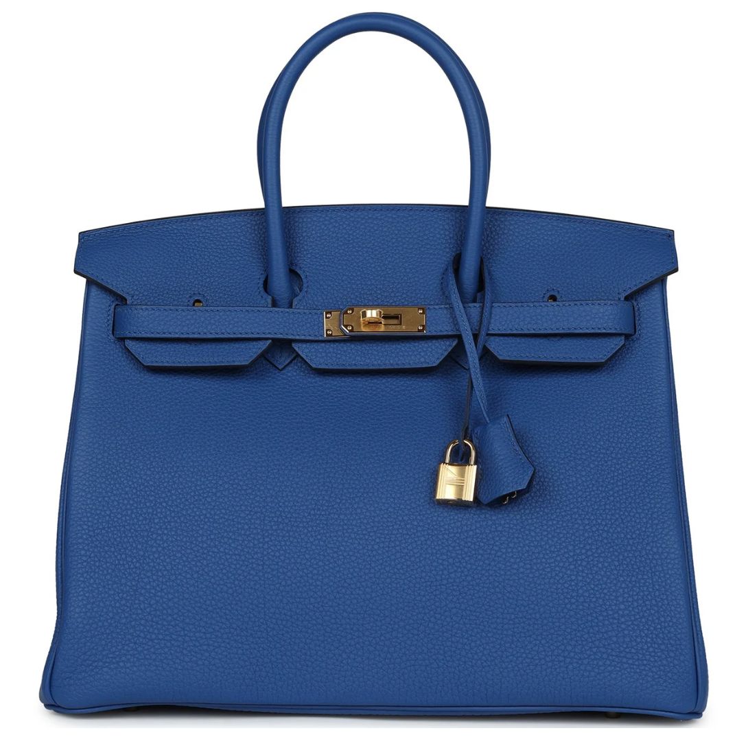 1 PRE-OWNED HERMÈS BIRKIN 35 BLEU ROYAL TOGO GOLD HARDWARE