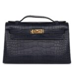 HERMÈS KELLY POCHETTE BLEU INDIGO MATTE ALLIGATOR GOLD HARDWARE