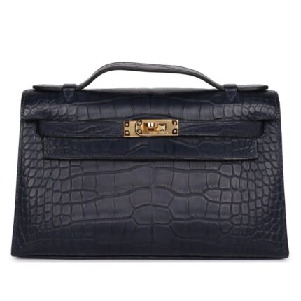 HERMÈS KELLY POCHETTE BLEU INDIGO MATTE ALLIGATOR GOLD HARDWARE