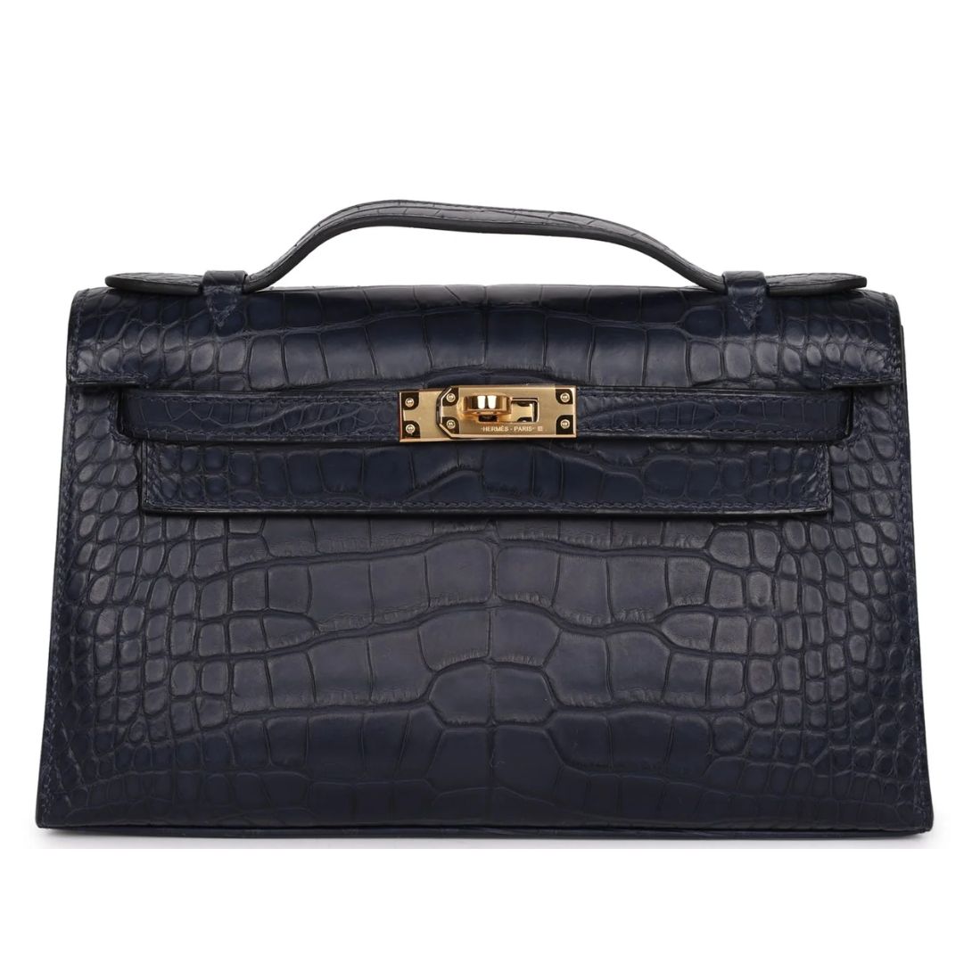 1 HERMÈS KELLY POCHETTE BLEU INDIGO MATTE ALLIGATOR GOLD HARDWARE