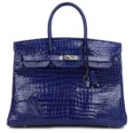 PRE-OWNED HERMÈS BIRKIN 35 BLEU ELECTRIC SHINY POROSUS CROCODILE PALLADIUM HARDWARE