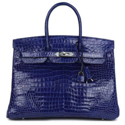 PRE-OWNED HERMÈS BIRKIN 35 BLEU ELECTRIC SHINY POROSUS CROCODILE PALLADIUM HARDWARE