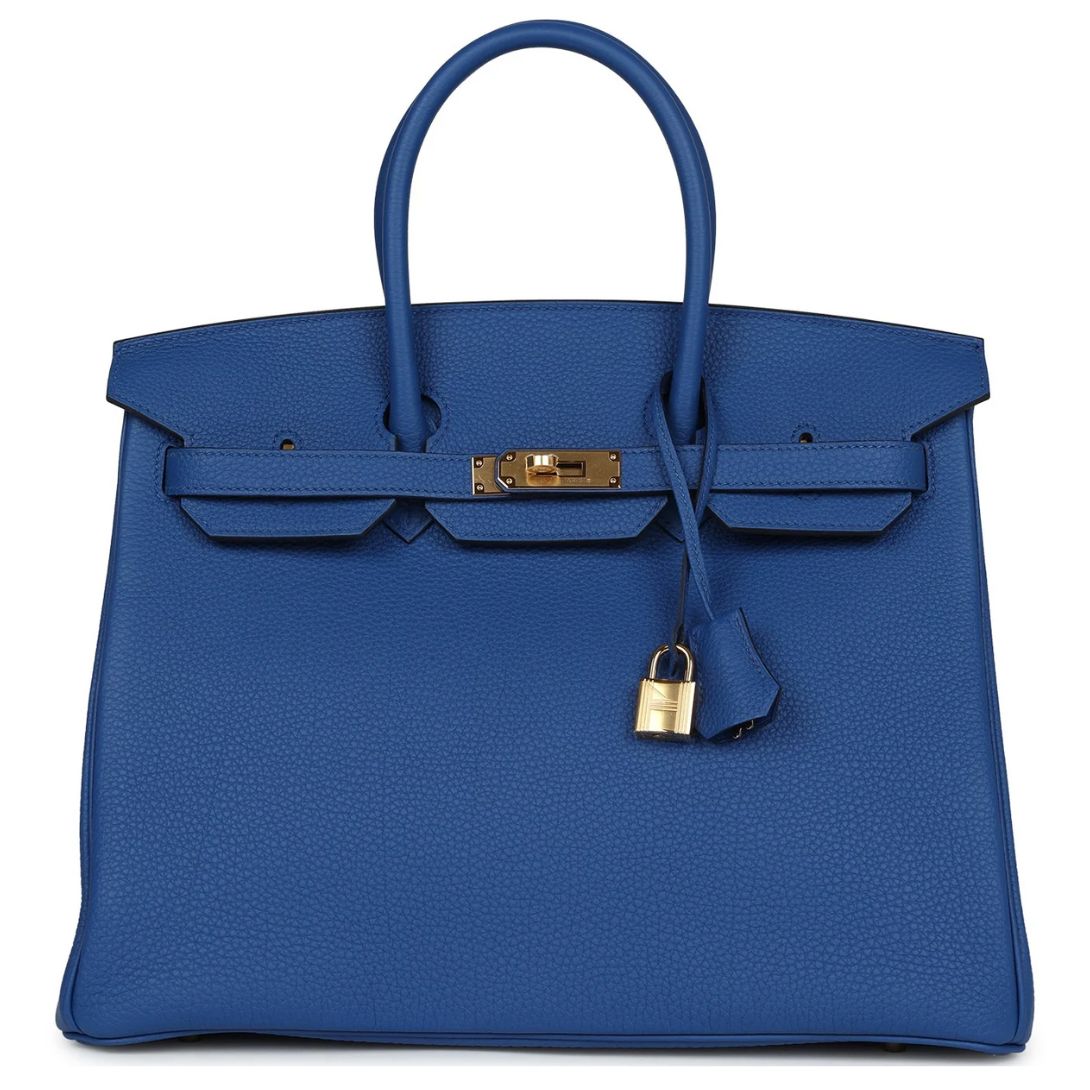1 PRE-OWNED HERMÈS BIRKIN 35 BLEU ROYAL TOGO GOLD HARDWARE