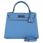 PRE-OWNED HERMÈS KELLY SELLIER 28 BLEU AZUR EPSOM PALLADIUM HARDWARE