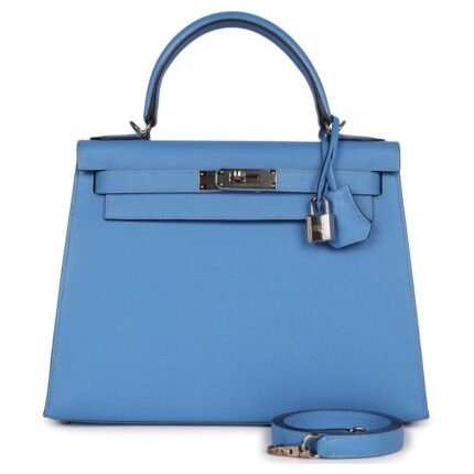 PRE-OWNED HERMÈS KELLY SELLIER 28 BLEU AZUR EPSOM PALLADIUM HARDWARE