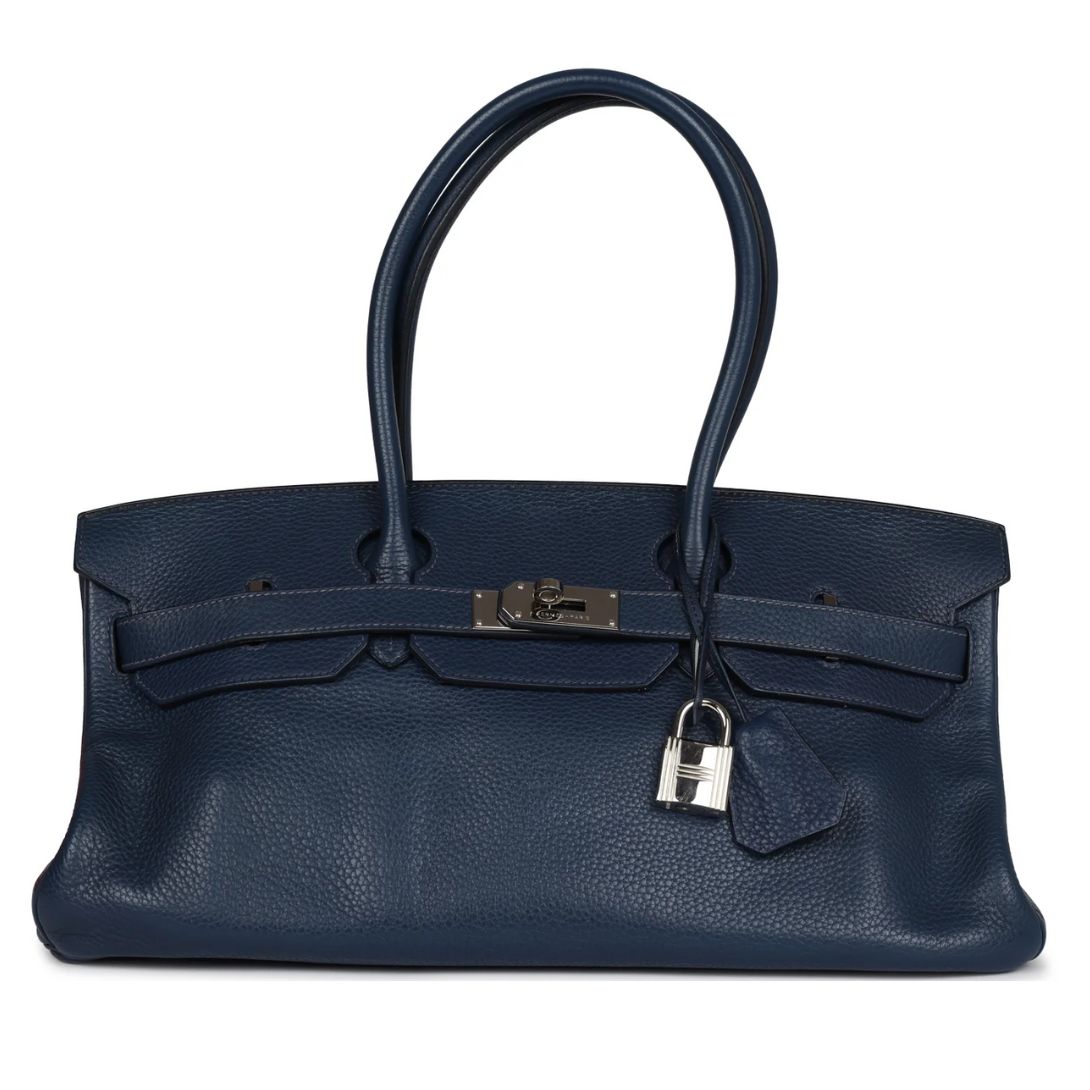 1 PRE-OWNED HERMÈS SHOULDER BIRKIN 42 JPG BLEU DE PRUSSE CLEMENCE PALLADIUM HARDWARE