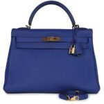 PRE-OWNED HERMÈS KELLY RETOURNE 32 BLEU ELECTRIC TOGO GOLD HARDWARE