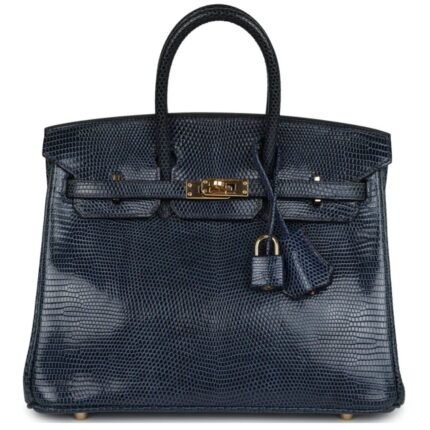 PRE-OWNED HERMÈS BIRKIN 25 BLEU DE MALTE VARANUS NILOTICUS LIZARD GOLD HARDWARE