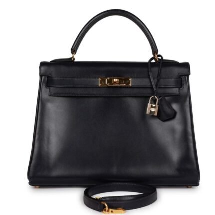 VINTAGE HERMÈS KELLY RETOURNE 32 NAVY BOX GOLD HARDWARE