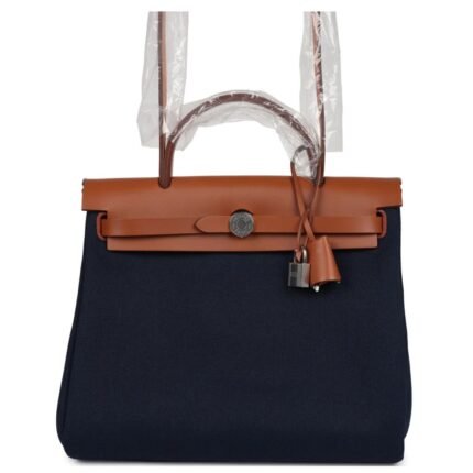 HERMÈS HERBAG ZIP PM 31 BLEU INDIGO TOILE H & FAUVE VACHE HUNTER PALLADIUM HARDWARE