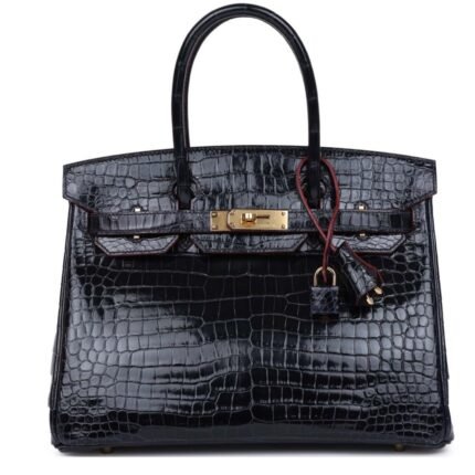 HERMÈS BIRKIN 30 BLEU MARINE AND ROUGE H CONTOUR SHINY POROSUS CROCODILE GOLD HARDWARE