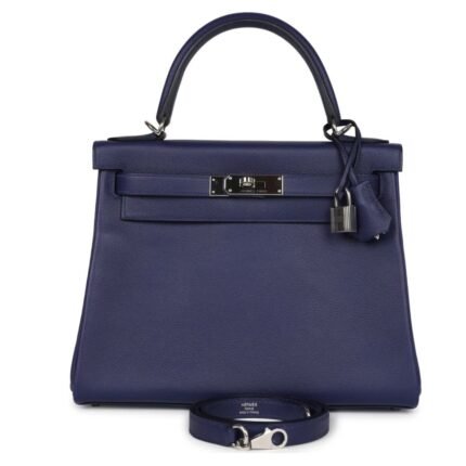 PRE-OWNED HERMÈS KELLY RETOURNE 28 BLEU ENCRE VERSO EVERCOLOR PALLADIUM HARDWARE