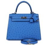 HERMÈS KELLY SELLIER 25 BLEUET OSTRICH PALLADIUM HARDWARE
