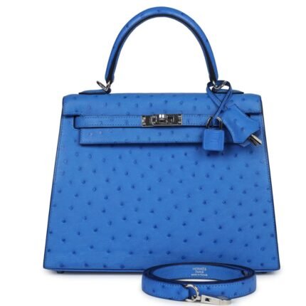 HERMÈS KELLY SELLIER 25 BLEUET OSTRICH PALLADIUM HARDWARE