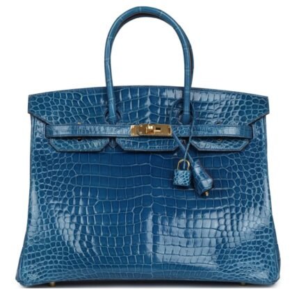 PRE-OWNED HERMÈS BIRKIN 35 BLEU MYKONOS SHINY POROSUS CROCODILE GOLD HARDWARE