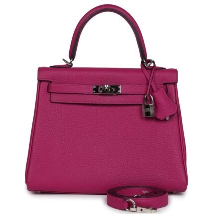 PRE-OWNED HERMÈS KELLY RETOURNE 25 ROSE POURPRE TOGO PALLADIUM HARDWARE
