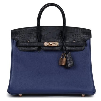HERMÈS BIRKIN 25 BLEU SAPHIR TAURILLION NOVILLO AND BLEU MARINE MATTE ALLIGATOR TOUCH ROSE GOLD HARDWARE