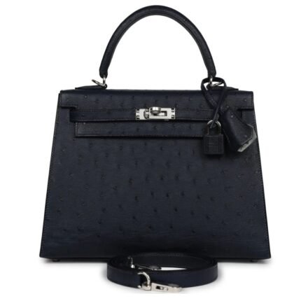 HERMÈS SPECIAL ORDER (HSS) KELLY SELLIER 25 BLEU INDIGO VERSO OSTRICH PALLADIUM HARDWARE