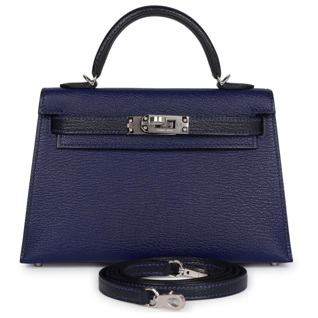 1 HERMÈS SPECIAL ORDER (HSS) KELLY SELLIER 20 BLEU ENCRE AND BLEU INDIGO CHEVRE MYSORE PALLADIUM HARDWARE