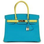 PRE-OWNED HERMÈS SPECIAL ORDER (HSS) BIRKIN 30 BLEU TURQUOISE AND LIME CHEVRE GOLD HARDWARE