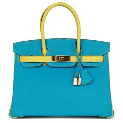 PRE-OWNED HERMÈS SPECIAL ORDER (HSS) BIRKIN 30 BLEU TURQUOISE AND LIME CHEVRE GOLD HARDWARE