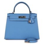 PRE-OWNED HERMÈS KELLY SELLIER 28 BLEU AZUR EPSOM PALLADIUM HARDWARE