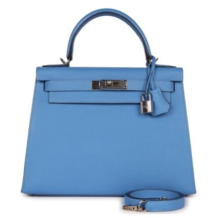 PRE-OWNED HERMÈS KELLY SELLIER 28 BLEU AZUR EPSOM PALLADIUM HARDWARE