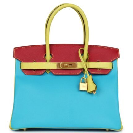 HERMÈS SPECIAL ORDER HSS TRI COLOR BIRKIN 30 BLEU AZTEC SOUFRE AND ROUGE VIF CHEVRE BRUSHED GOLD HARDWARE