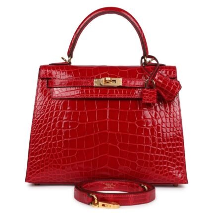 HERMÈS KELLY 25 SELLIER BRAISE SHINY ALLIGATOR MISSISSIPPIENSIS GOLD HARDWARE