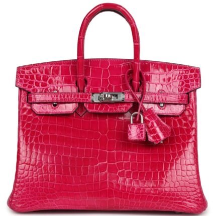 PRE-OWNED HERMÈS BIRKIN 25 ROSE MEXICO SHINY POROSUS CROCODILE PALLADIUM HARDWARE