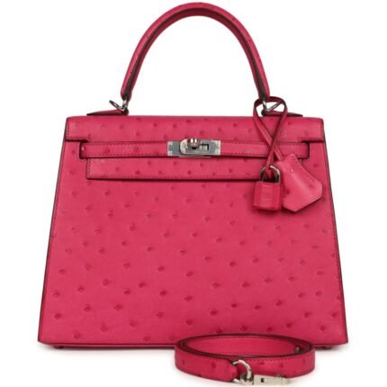 PRE-OWNED HERMÈS KELLY SELLIER 25 ROSE TYRIEN OSTRICH PALLADIUM HARDWARE