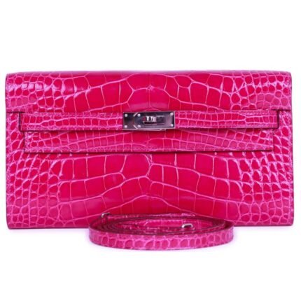 PRE-OWNED HERMÈS KELLY WALLET TO GDE SHINY ALLIGATOR PALLADIUM HARDWAREO ROSE SCHEHERAZA